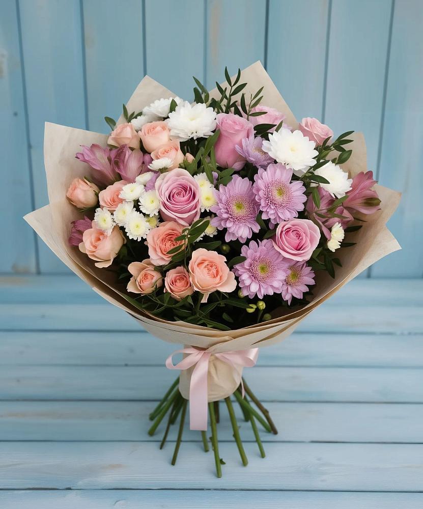 Букет цветов из: Хризантемы, Розы и Альстромерии в Ильинское-Хованское