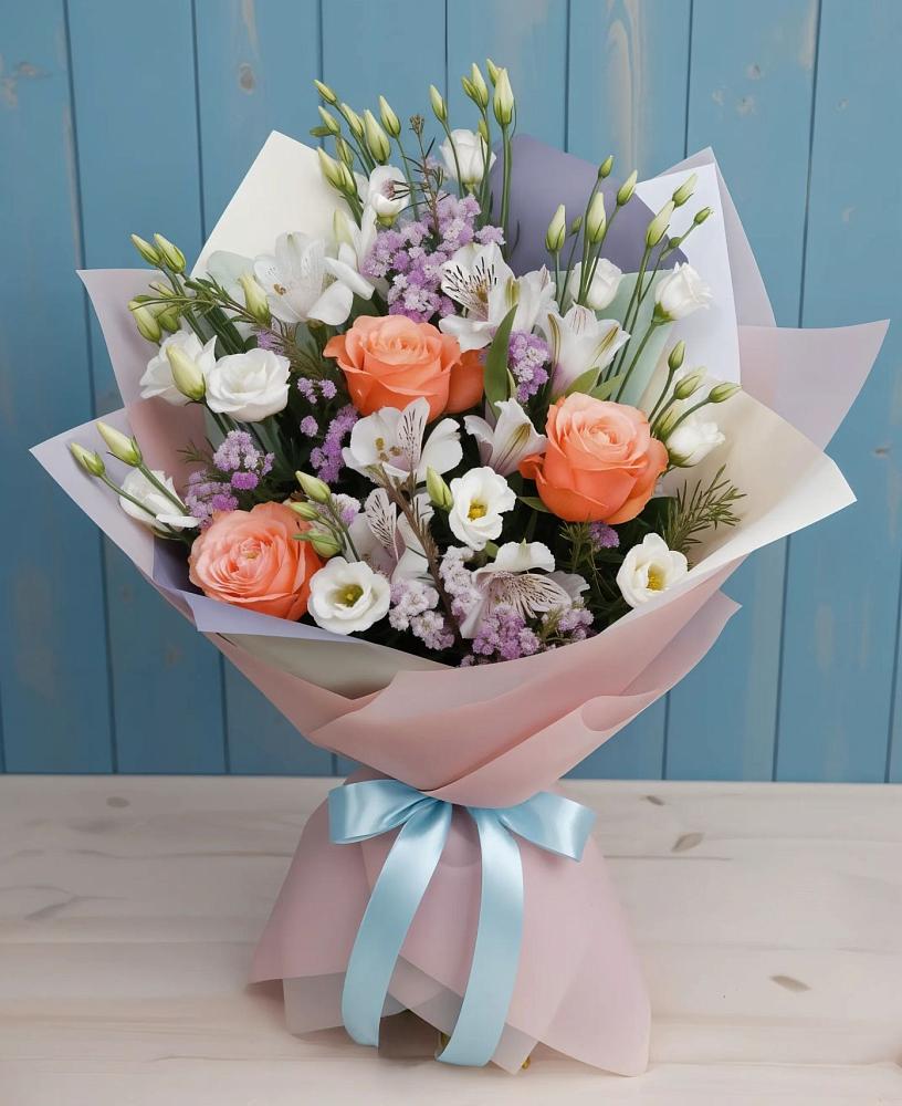 Букет цветов из: Лизиантусы, Розы, Альстромерии и Гипсофила в Ильинское-Хованское