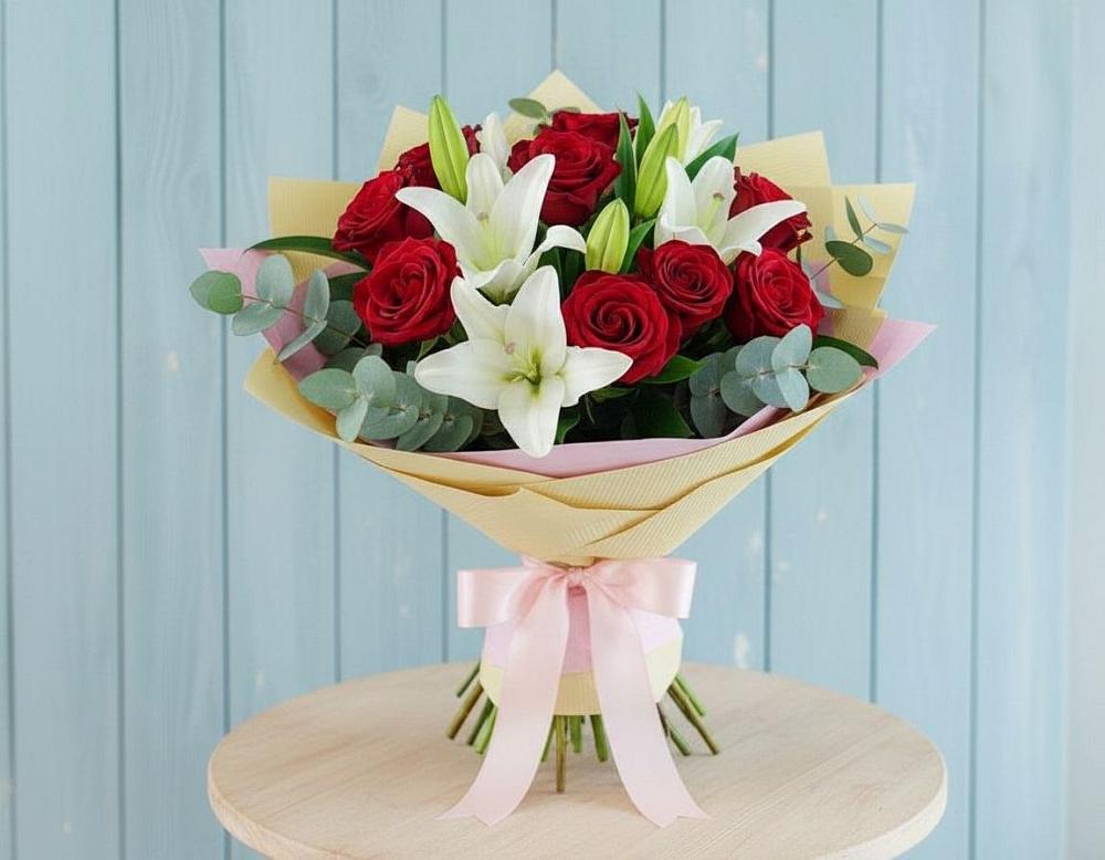 Букет цветов из: Лилии и Розы в Ильинское-Хованское